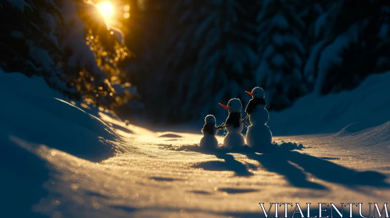 Enchanting Snowmen in a Serene Snowy Forest AI Image