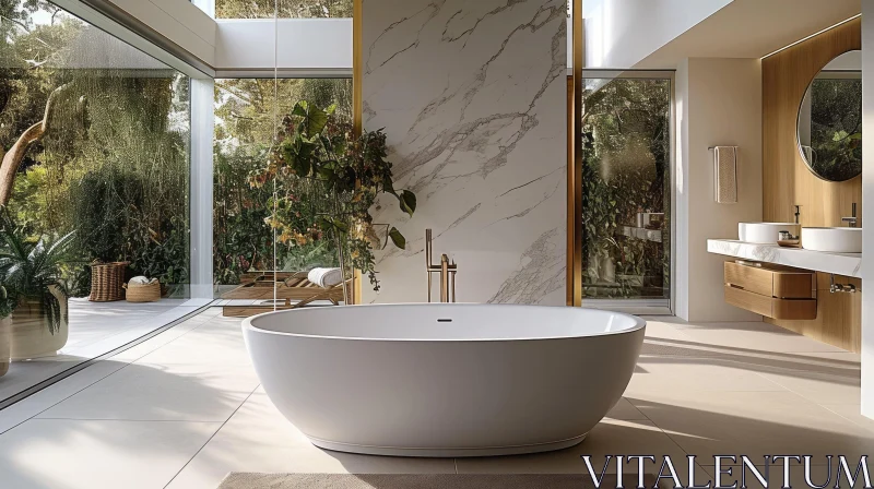 Luxurious Bathroom with Oval Bathtub and Marble Walls AI Image