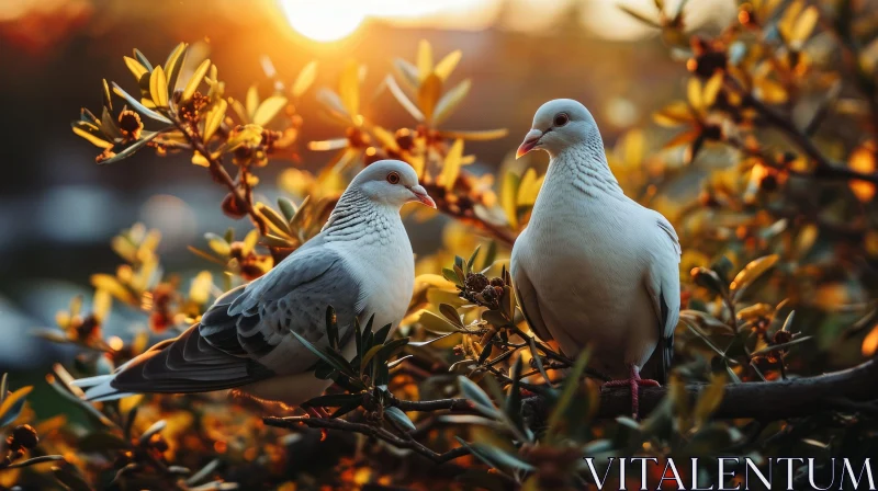 Majestic Pigeons on a Tree Branch in a Forest with Sunset AI Image