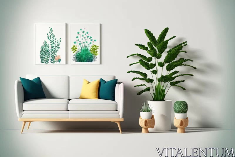 Modern Living Room with Lush Green Plants | 3D Illustration AI Image