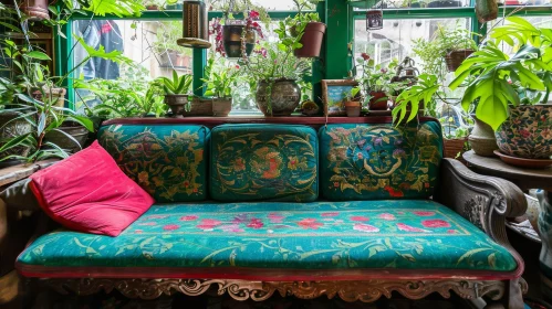 Serene Living Room with Green Sofa and Abundant Plants