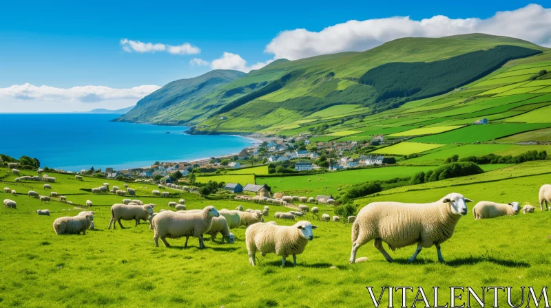Sheep on Green Field - Lively Coastal Landscapes and Mountainous Vistas AI Image
