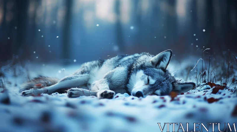 Sleeping Wolf in Snow - Serene Nature Photography AI Image