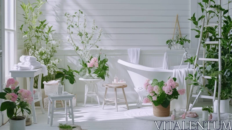 Bright and Airy Bathroom with Plants and Flowers | Relaxing Spa-like Atmosphere AI Image
