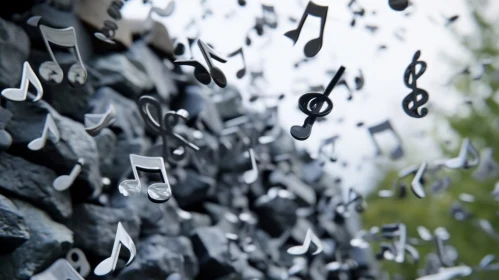 Captivating 3D Rendering of Musical Notes Flowing from a Stone Wall