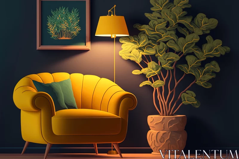 Colorful Cartoon Arm Chair with Green Plants and Lamp in Dark Room AI Image