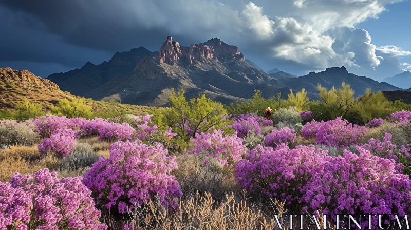 Desert Landscape with Mountain Range and Purple Flowers AI Image