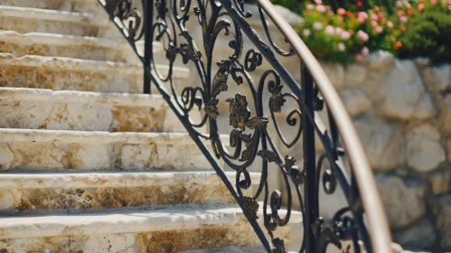 Elegant Marble Staircase with Floral Metal Railing