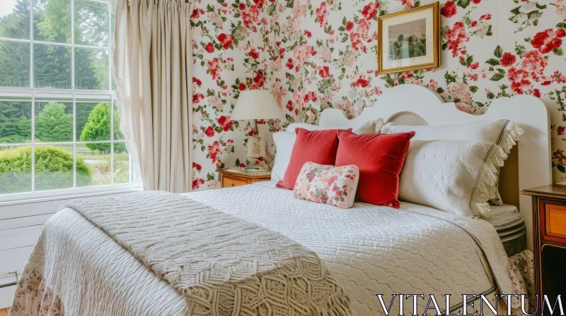 Floral-Themed Bedroom with Pink and Green Wallpaper AI Image