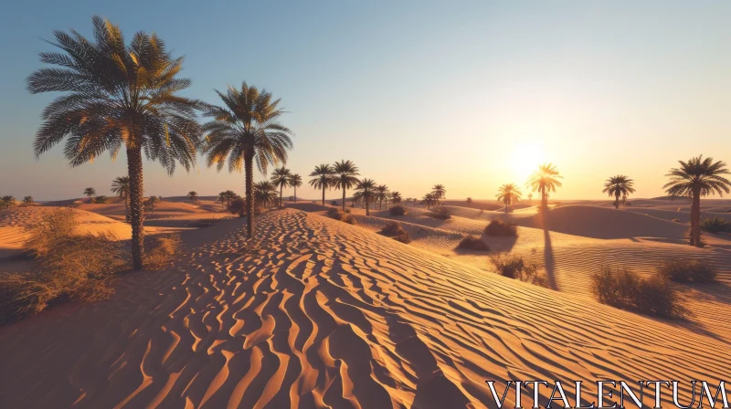 Golden Desert Landscape with Sand Dunes and Palm Trees AI Image
