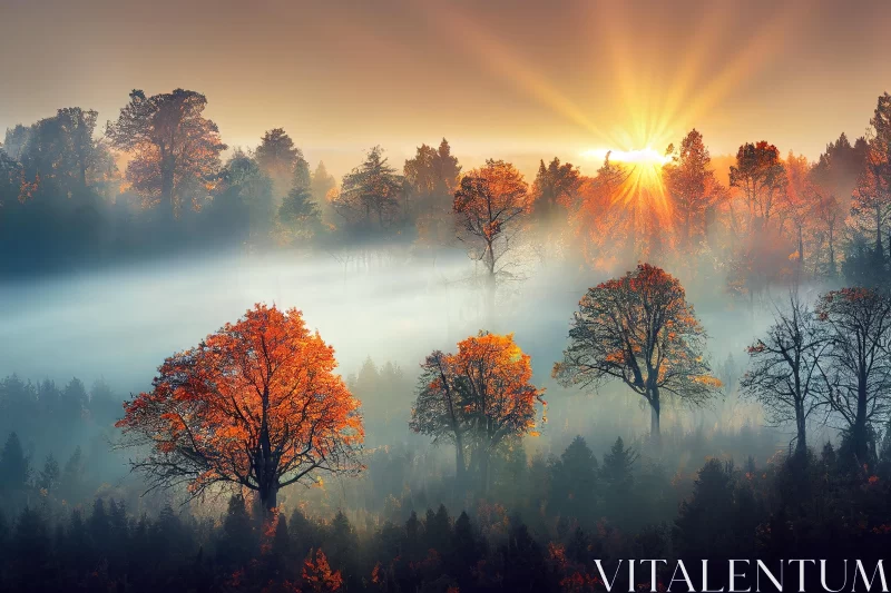 Sunrise Over Misty Forest in Autumn - Romantic and Dramatic Landscapes AI Image