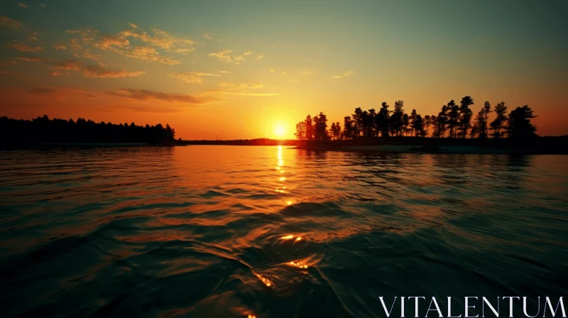 Captivating Sunset Scene with Tall Trees and Calm Body of Water AI Image