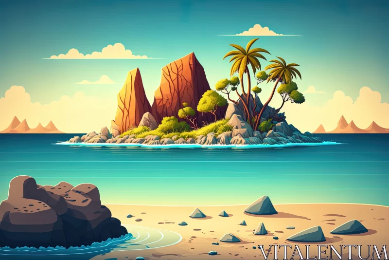 AI ART Cartoon Landscape of Island with Rocks and Palm Trees - Vivid Landscapes