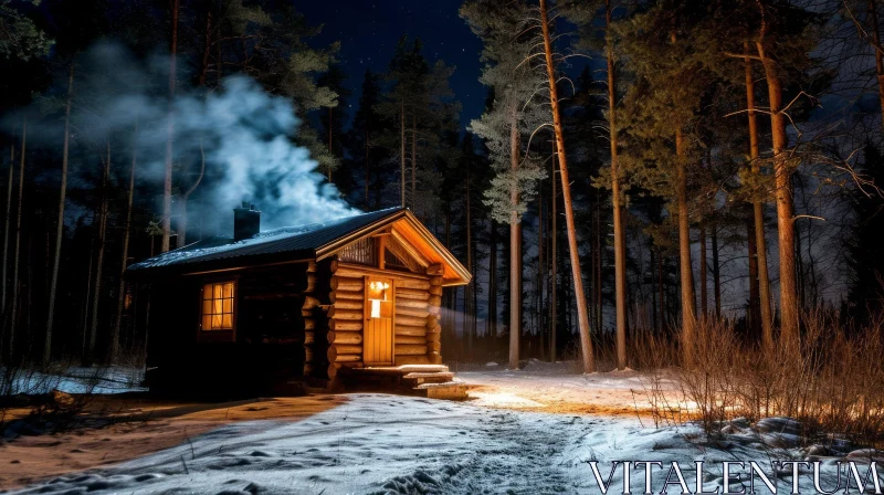 Enchanting Wooden Cabin in Snowy Forest at Night AI Image