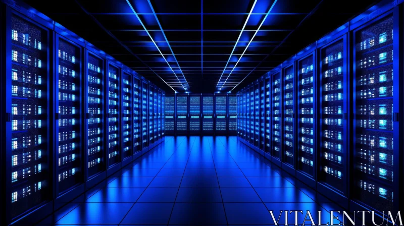 Enigmatic Data Center Illuminated by Blue Lights AI Image
