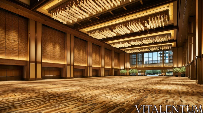 Exquisite Banquet Hall with Wood-panelled Walls and City View AI Image
