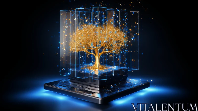 Golden Tree on Circuit Board | Futuristic 3D Illustration AI Image