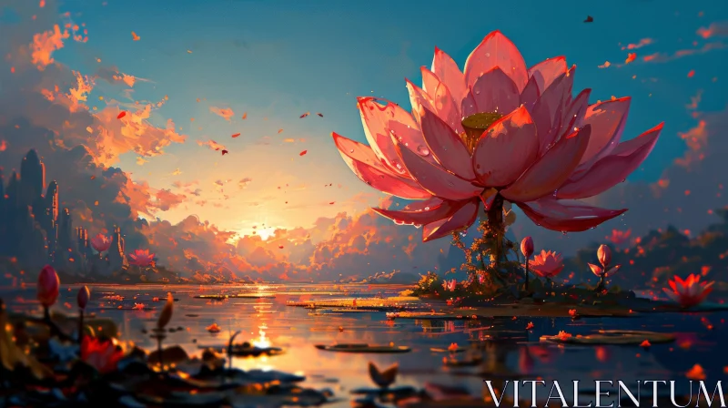 Pink Lotus Flower in Serene Pond AI Image