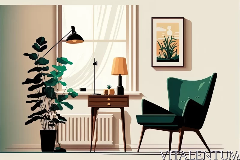 Retro Living Room with Chair, Lamp, and Plant | Detailed Character Illustrations AI Image