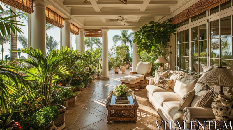 Sunlit Porch with Seating Area and Lush Plants - Relaxation and Luxury AI Image