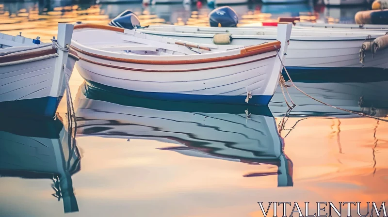 Tranquil Harbor: Small White and Blue Wooden Boat Moored to Dock AI Image