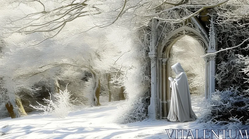 Tranquil Winter Landscape with Stone Archway AI Image