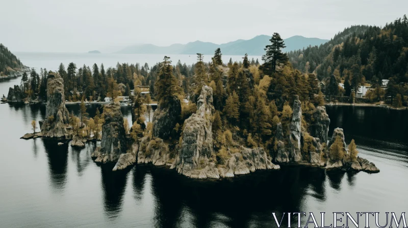Aerial Shot of Island with Trees and Mountains | Post-Apocalyptic Backdrops AI Image