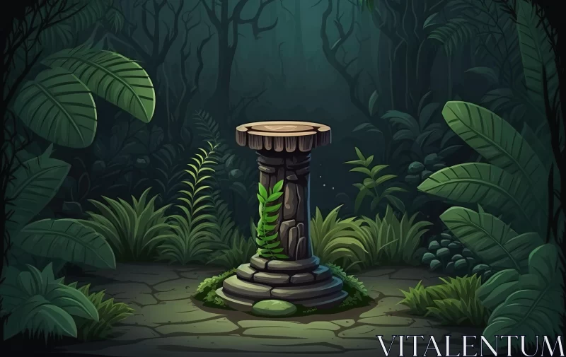 AI ART Ancient Stone Pillar in Jungle - Cartoon Illustration