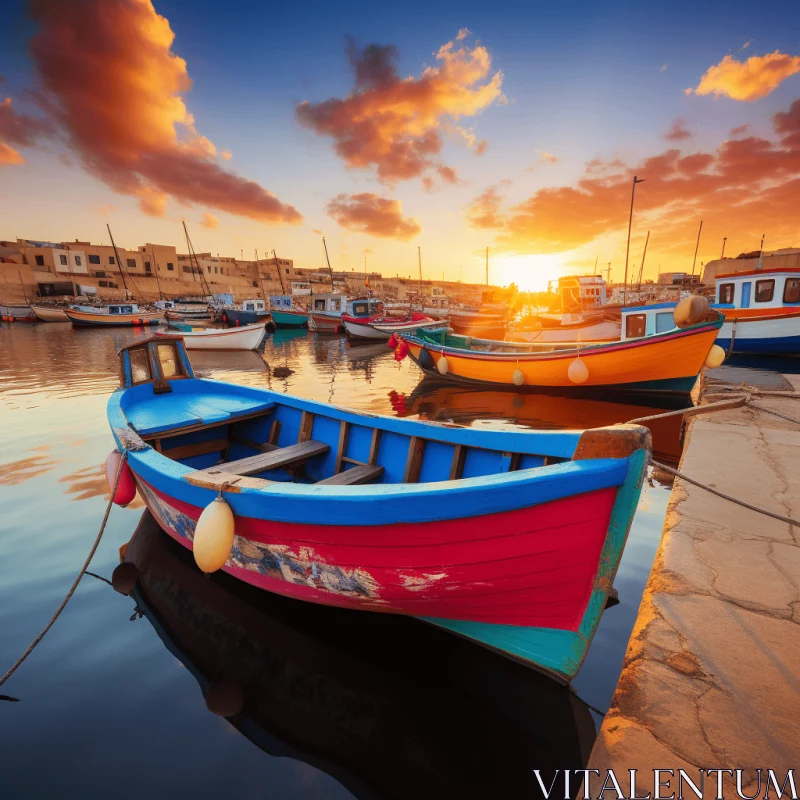 Colorful Boat Docked: Sun-Soaked Colors and Richly Colored Skies AI Image