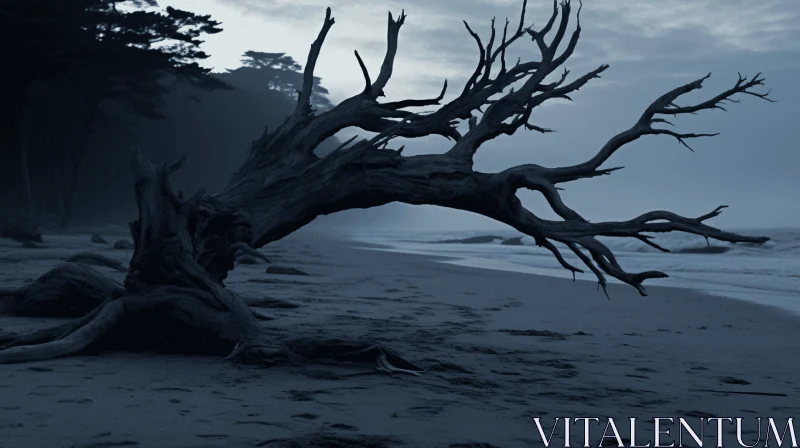 Haunting Image of a Dead Tree on a Gray and Black Beach AI Image