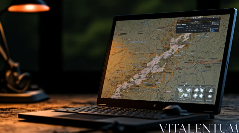 Mountainous Region Map on Laptop Desk AI Image