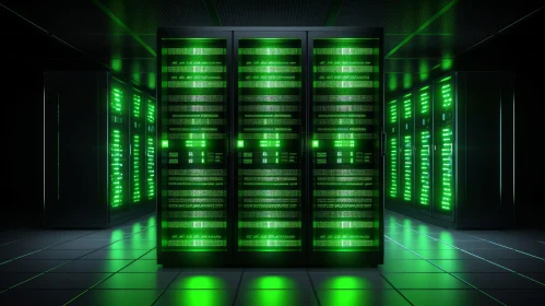 Mysterious Dark Data Center with Green Glow
