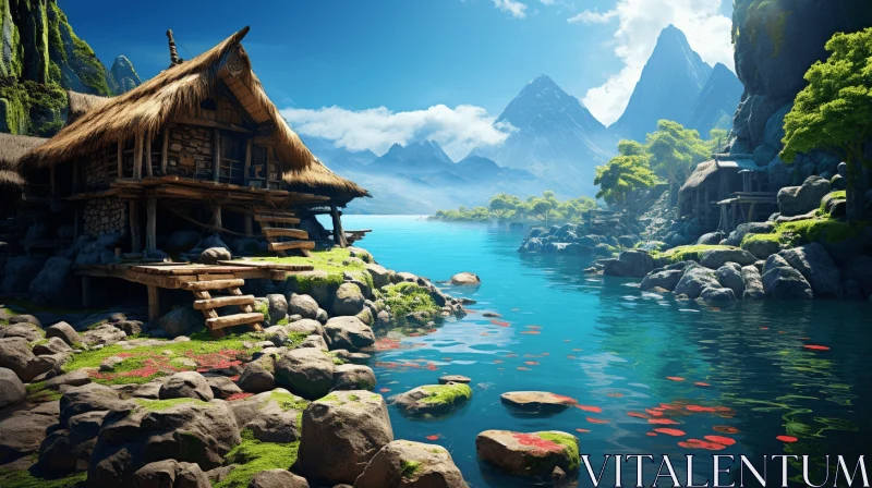 Serene Lake House with Exotic Fantasy Landscapes | Japanese Art Influence AI Image