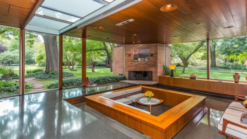 Spacious Living Room with Sunken Conversation Pit and Brick Fireplace