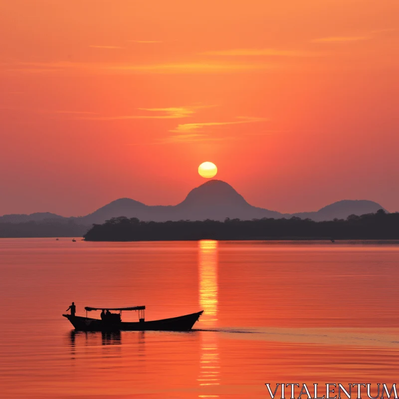 Tranquil Sunset: A Captivating Image of a Small Boat on Calm Waters AI Image
