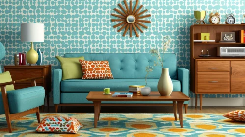 Charming Retro Living Room with Blue Sofa and Brown Coffee Table