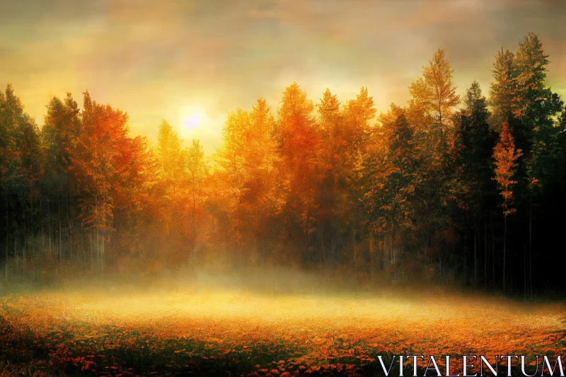 Enchanting Autumn Fields with Mist in a Forest | Sunset Photo AI Image