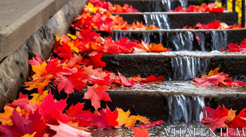 Enchanting Nature Photography: Captivating Waterfall Flowing Down Stone Steps AI Image
