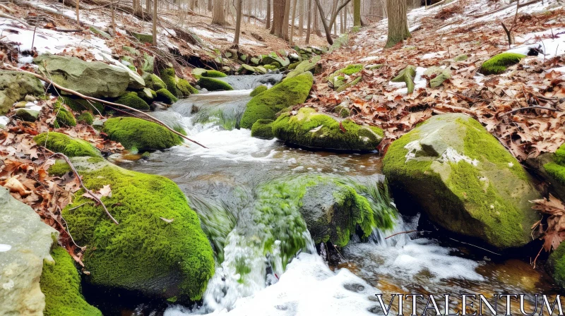 Serene Stream Flowing Through Forest - Captivating Nature Image AI Image