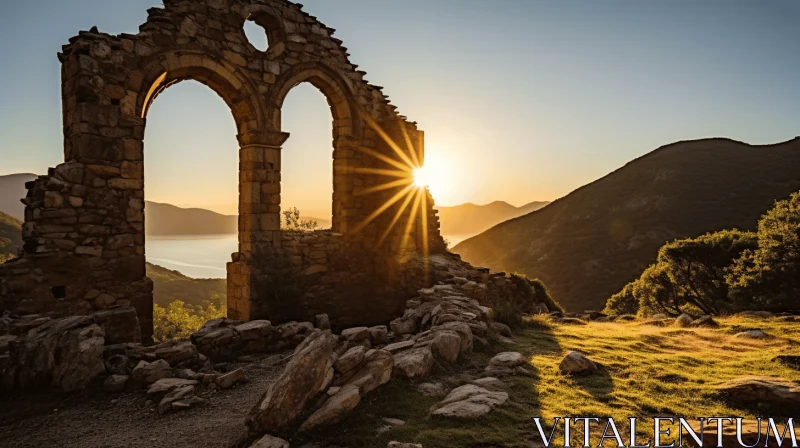 Serene Sunset Overlooking a Ruin, Lake, and Mountains | Romanesque-inspired Eco-Architecture AI Image