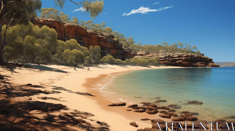 Tranquil Beachscape: Captivating Digital Painting of a Sandy Beach with Rocks and Trees AI Image