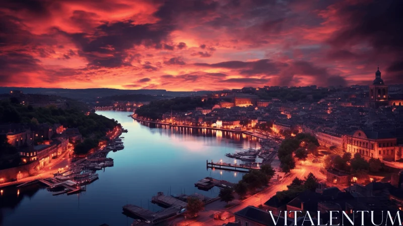 Captivating Town at Sunset: A Romantic Riverscape in Vivid Imagery AI Image