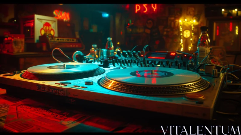 Close-Up of DJ Turntable with Vibrant Lights and Records AI Image