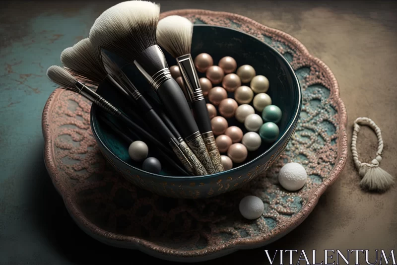 Exquisite Makeup Brushes in a Vintage Bowl with Pearls AI Image