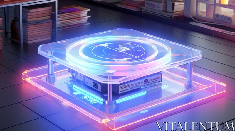Futuristic Transparent Neon Record Player on Glass Table AI Image
