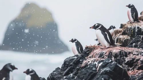 Group of Penguins on Rocky Shore with Ocean and Snowy Island