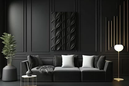 Intricately Sculpted Black Living Room with Wooden Walls and Sofa - Abstract Art