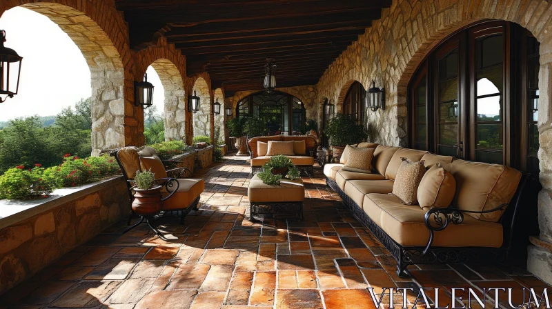 Mediterranean-style Terrace with Stone Columns and Arched Openings AI Image
