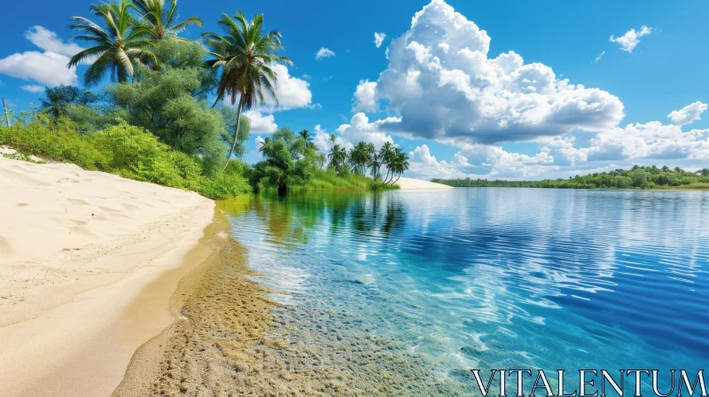 Tropical Beach Landscape - White Sand, Palm Trees, Crystal Clear Water AI Image