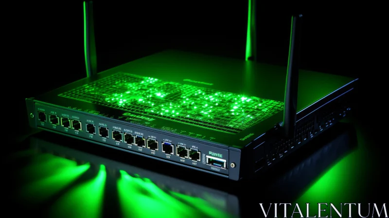 Black Router with Green Lights and Antennas AI Image